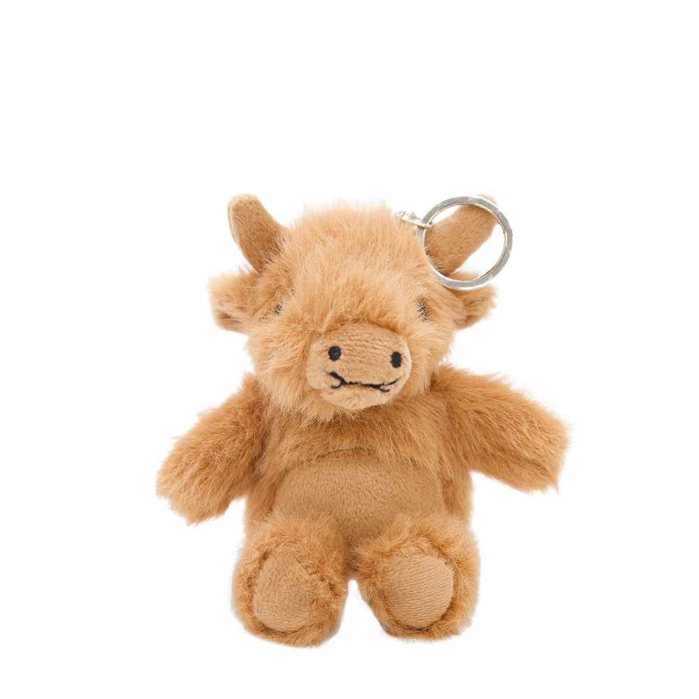 Plush Highland cow keychain on a white background