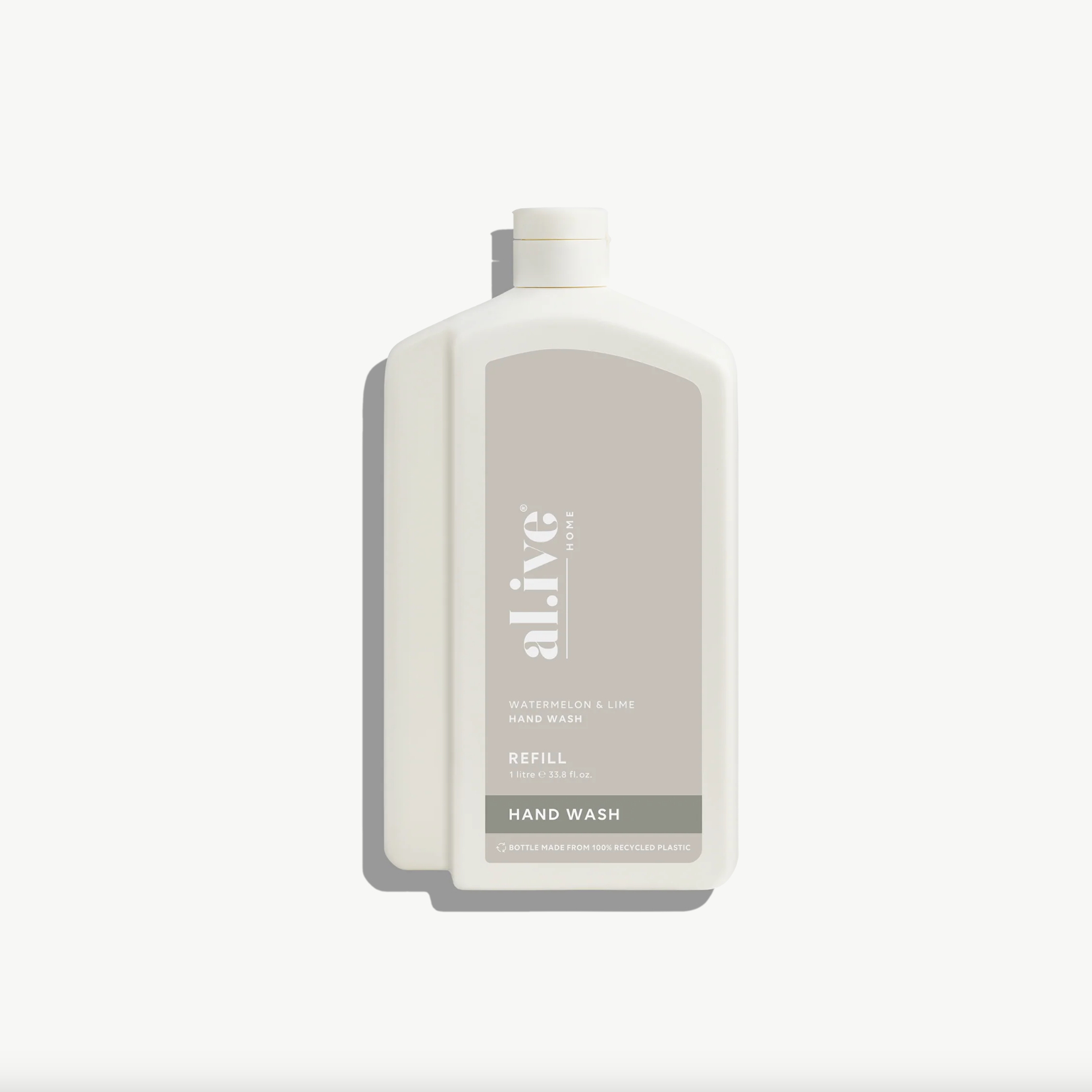 Hand wash bottle with a gray label on a white background