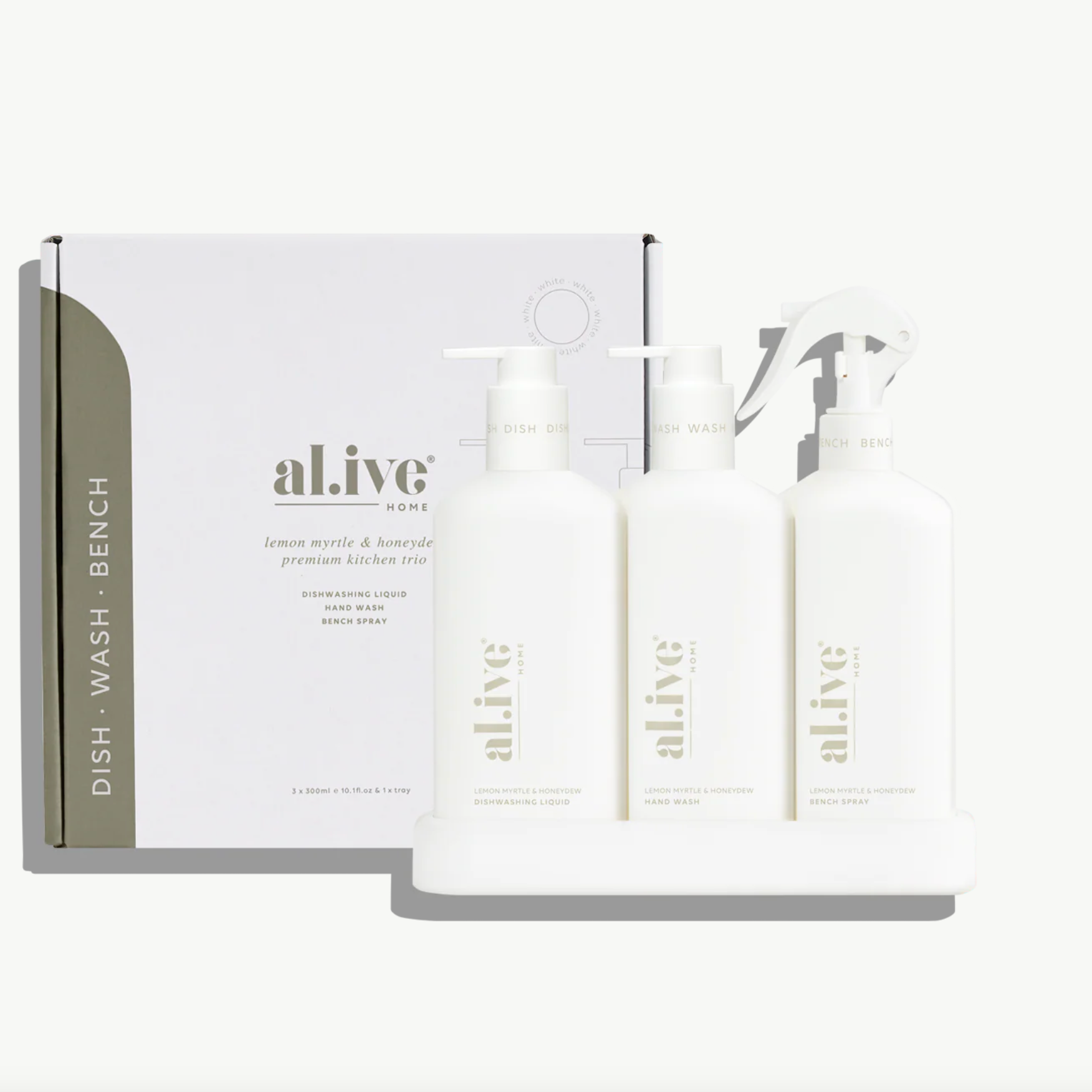 Three bottles of 'alive' skincare products on a white background