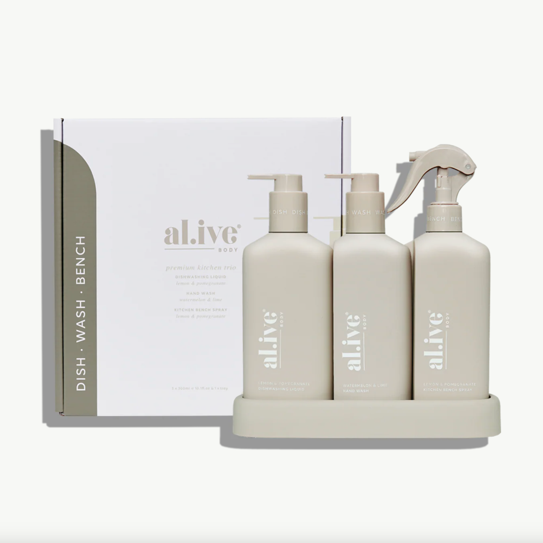 Set of 'alive' skincare bottles with a box on a white background