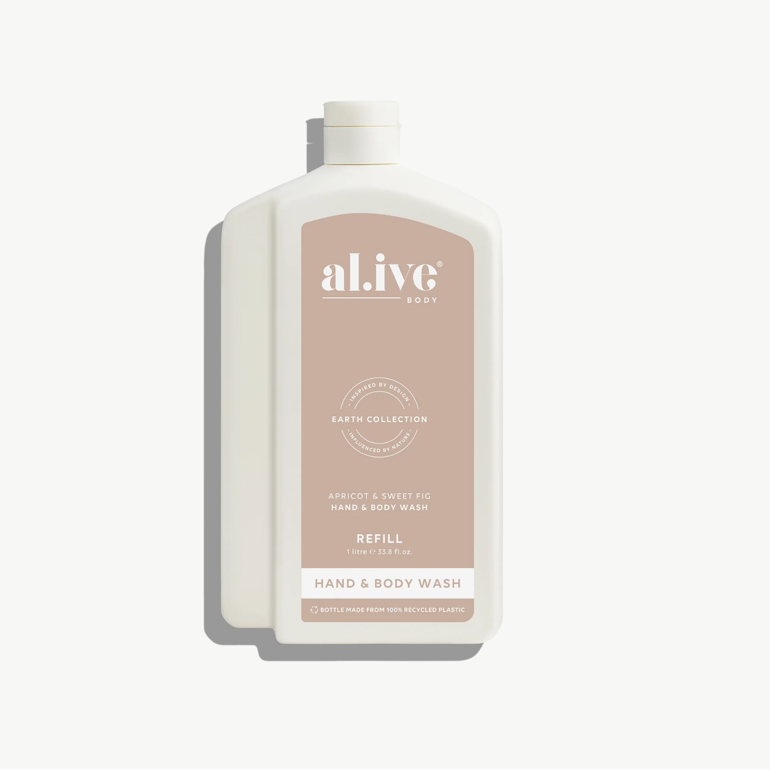 Hand and body wash bottle with 'a.l ive' label on a white background
