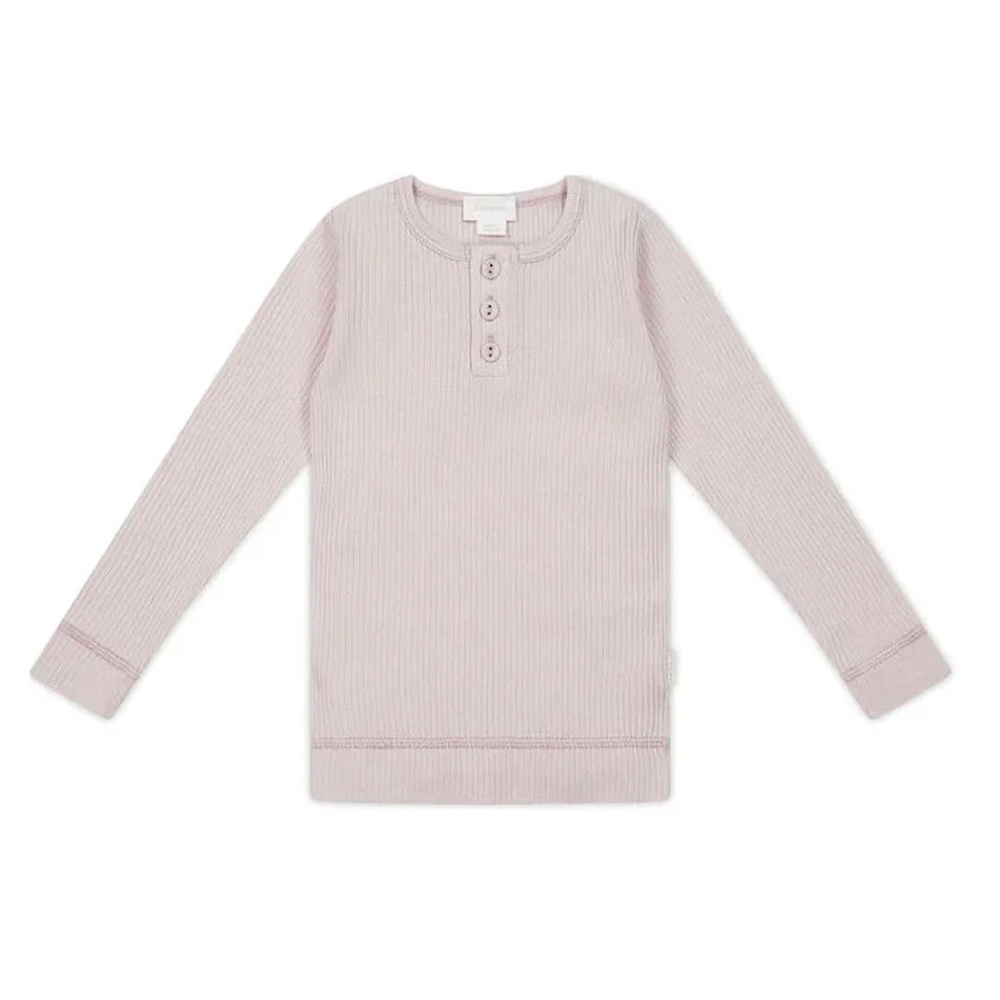 A light pink ribbed long-sleeve henley shirt with three buttons on the chest, laid flat on a white background.