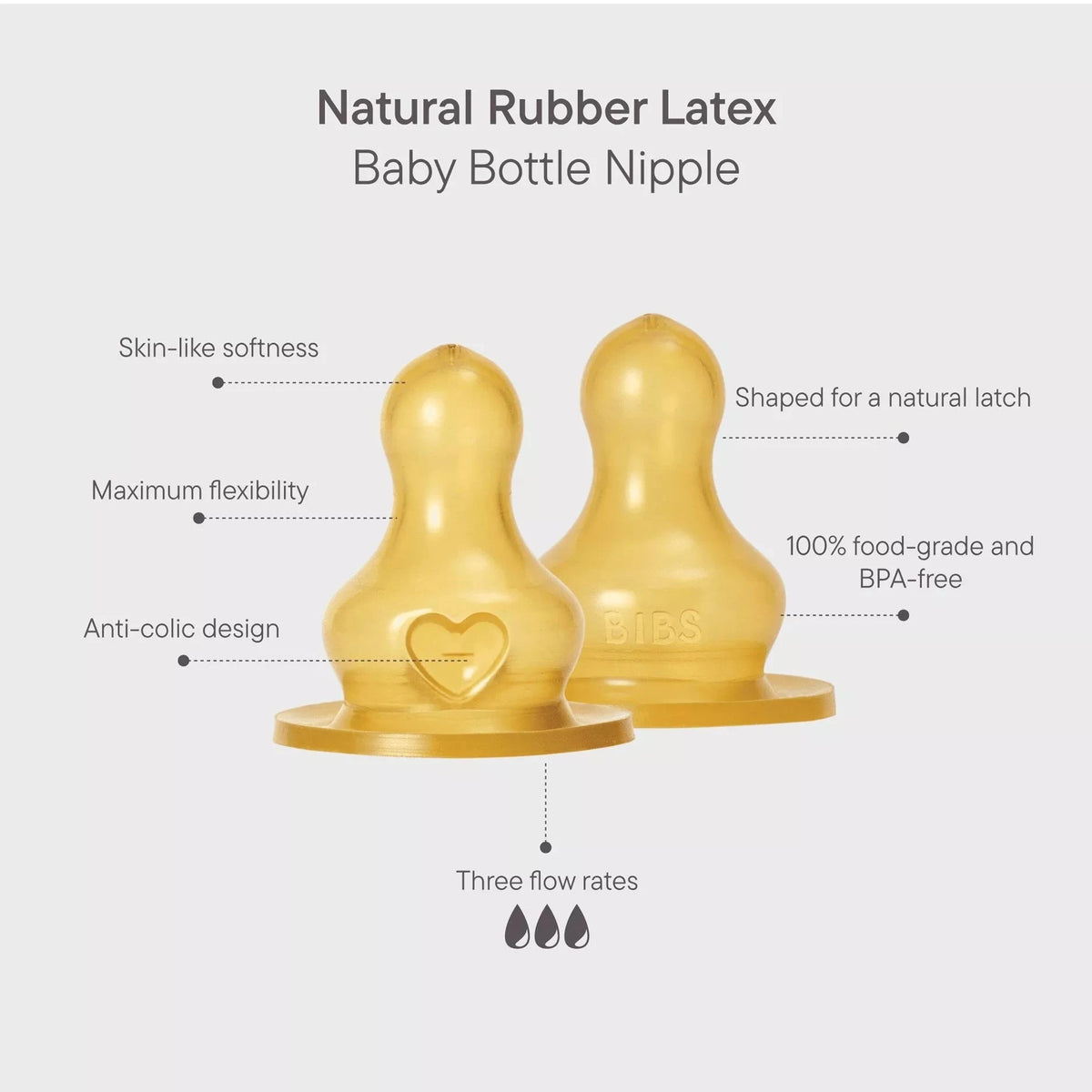 Two gold-colored baby bottle nipples on a light gray background with text labels describing their features, including 'Natural Rubber Latex' and 'Baby Bottle Nipple'.