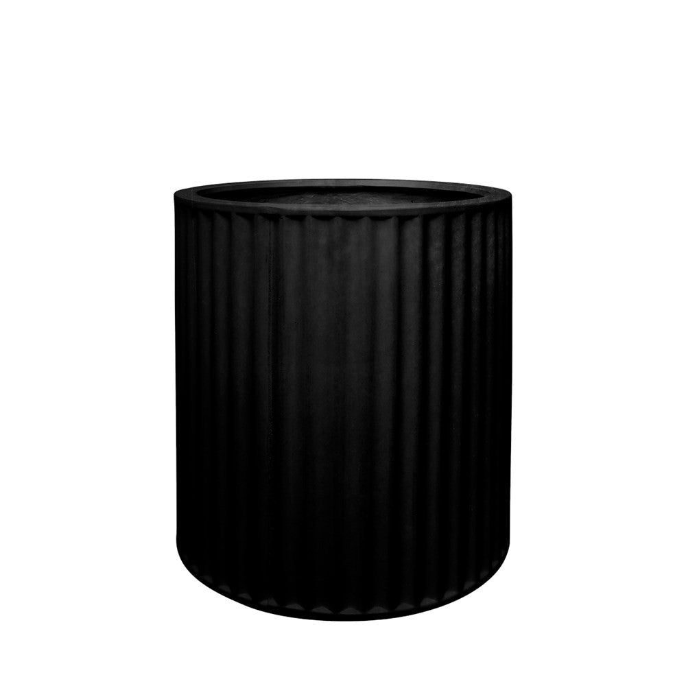 Black cylindrical planter on a white background