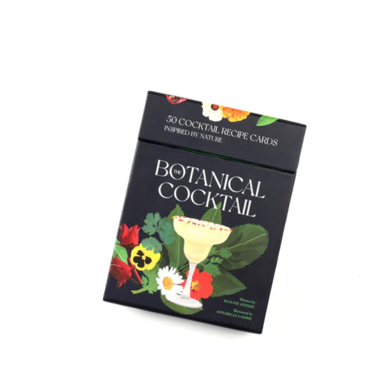 Box of Botanical Cocktail recipe cards with floral and cocktail illustration on a white background