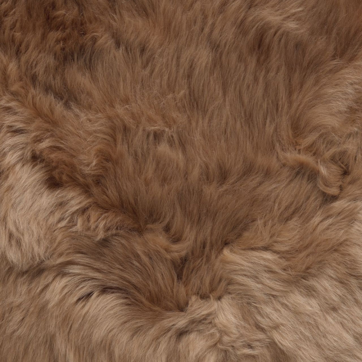 A close-up of a shaggy New Zealand sheepskin rug in warm tan and light brown tones, filling the entire frame.