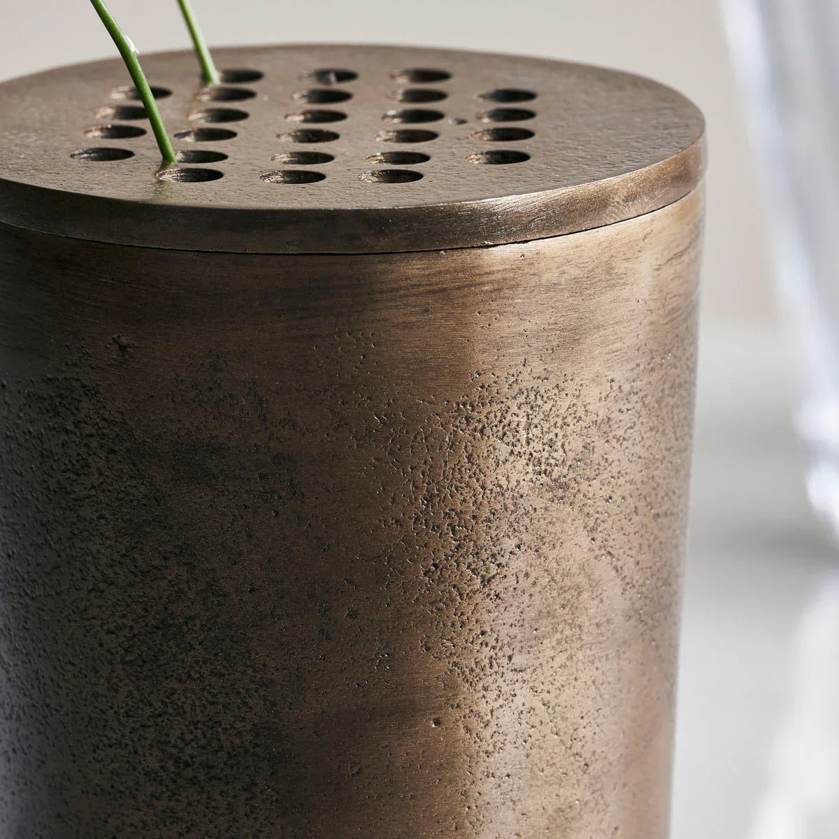 Bronze Brass metal cylinder vase with lid and small holes to insert individual stems 
