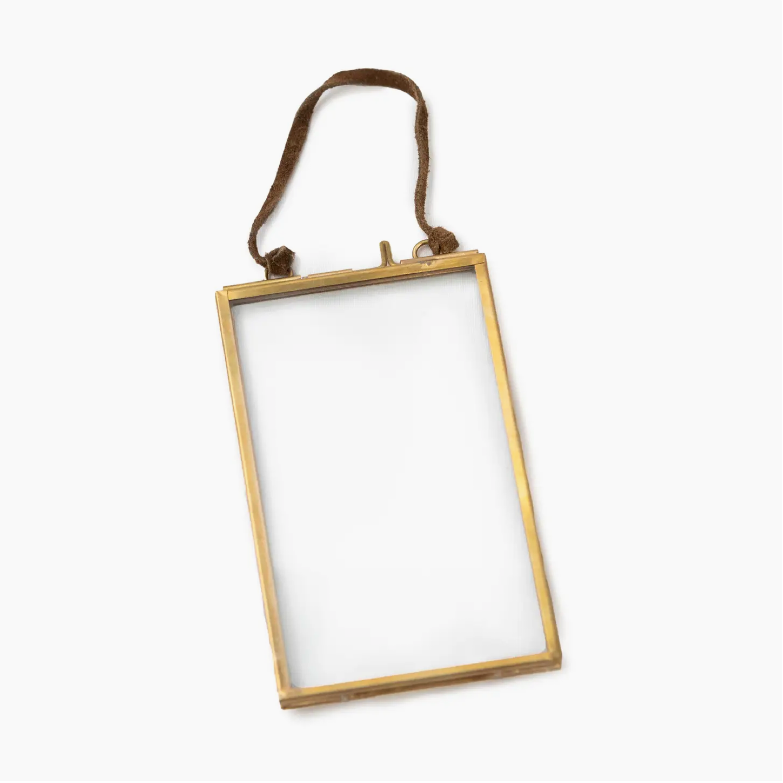 brass and glass with suede handle hanging picture frame 