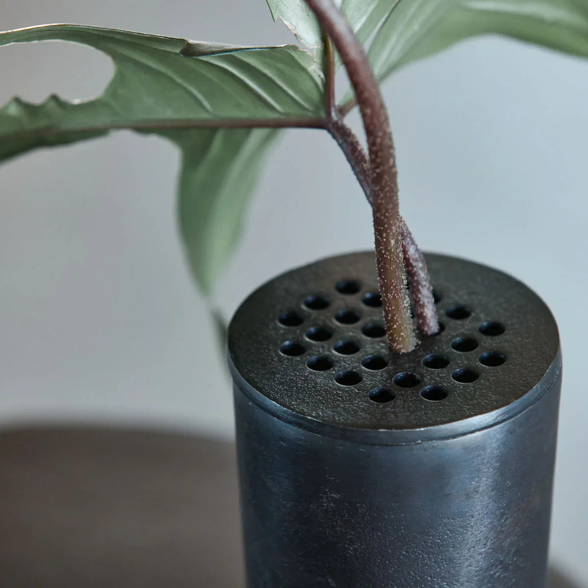 Black metal cylinder vase with lid and small holes to insert individual stems 