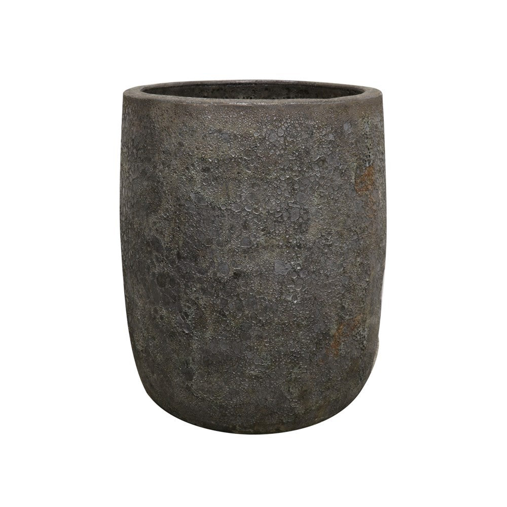 Textured dark grey lava pot on a white background