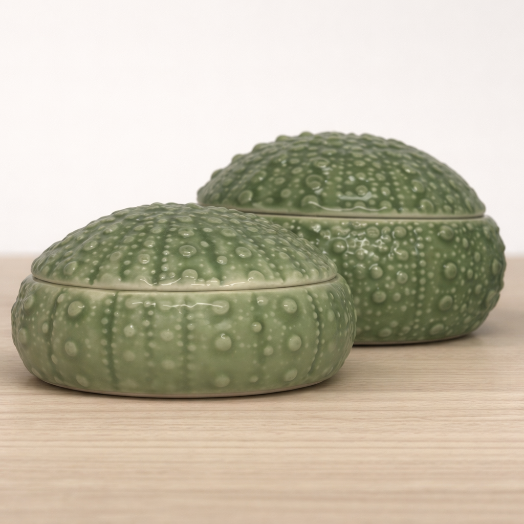 Two green ceramic kina containers with textured surface on a wooden surface.