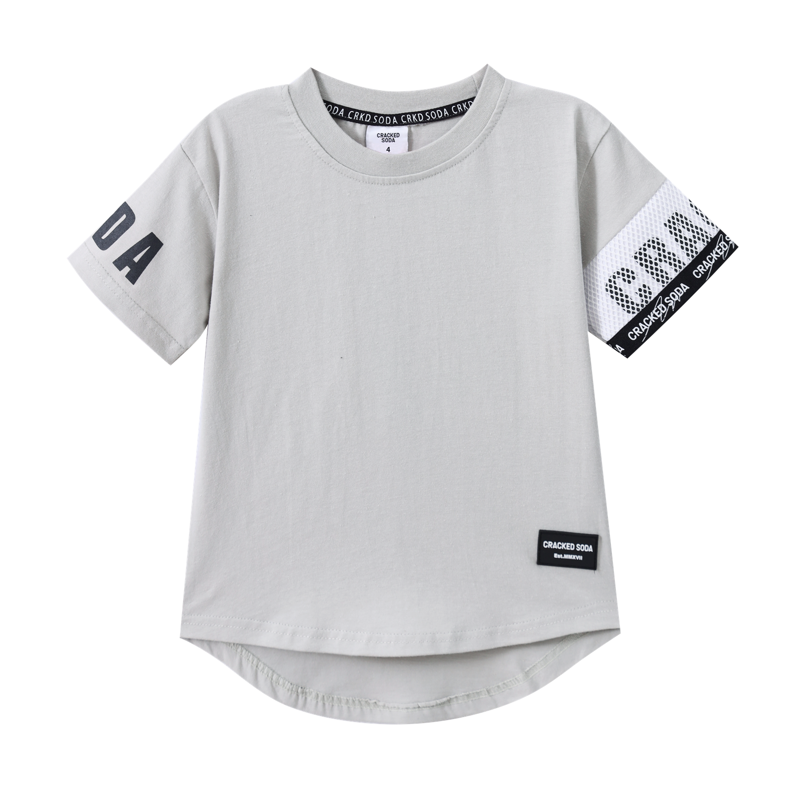 Gray t-shirt with branding on sleeves and chest against a white background