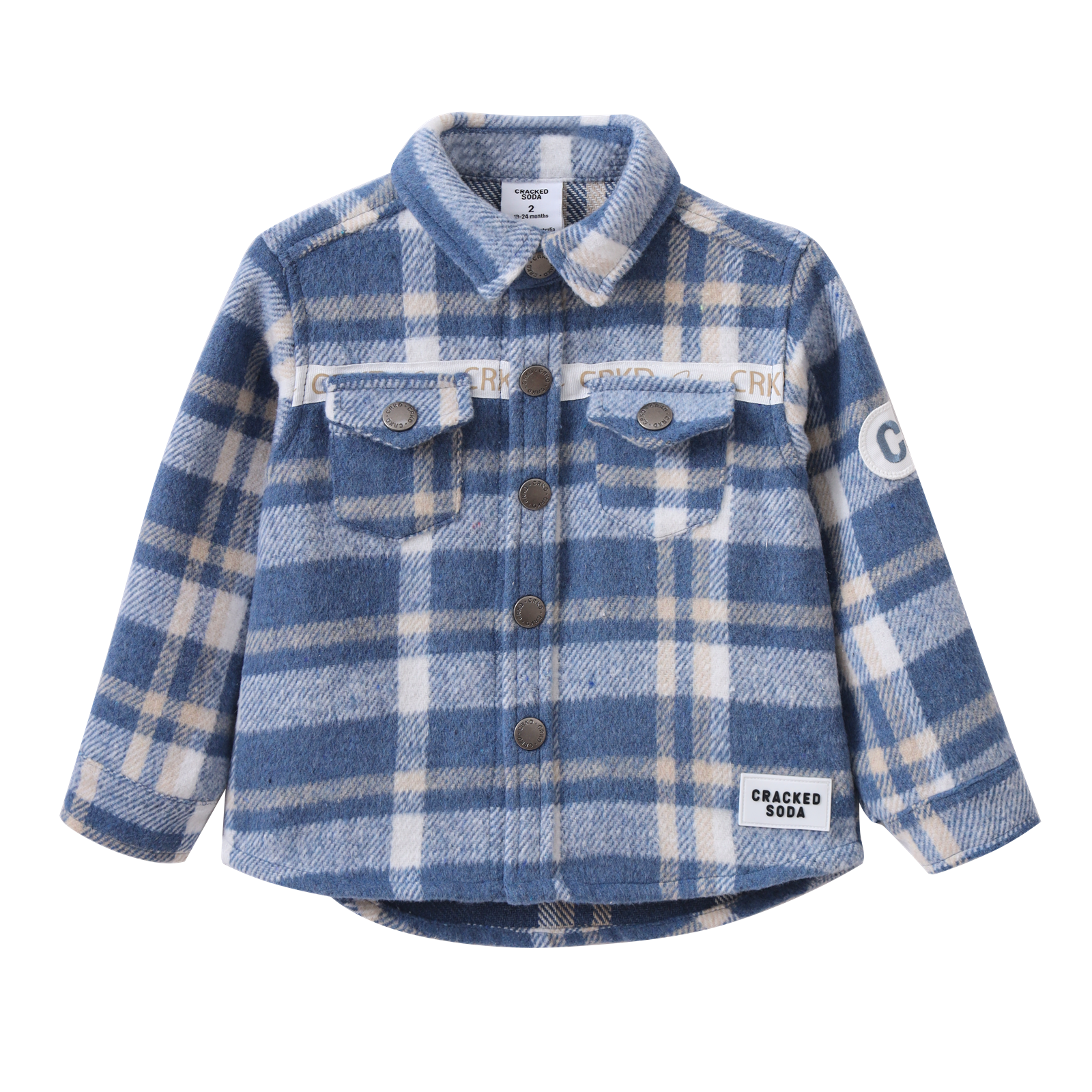 Blue plaid shirt with button details on a white background