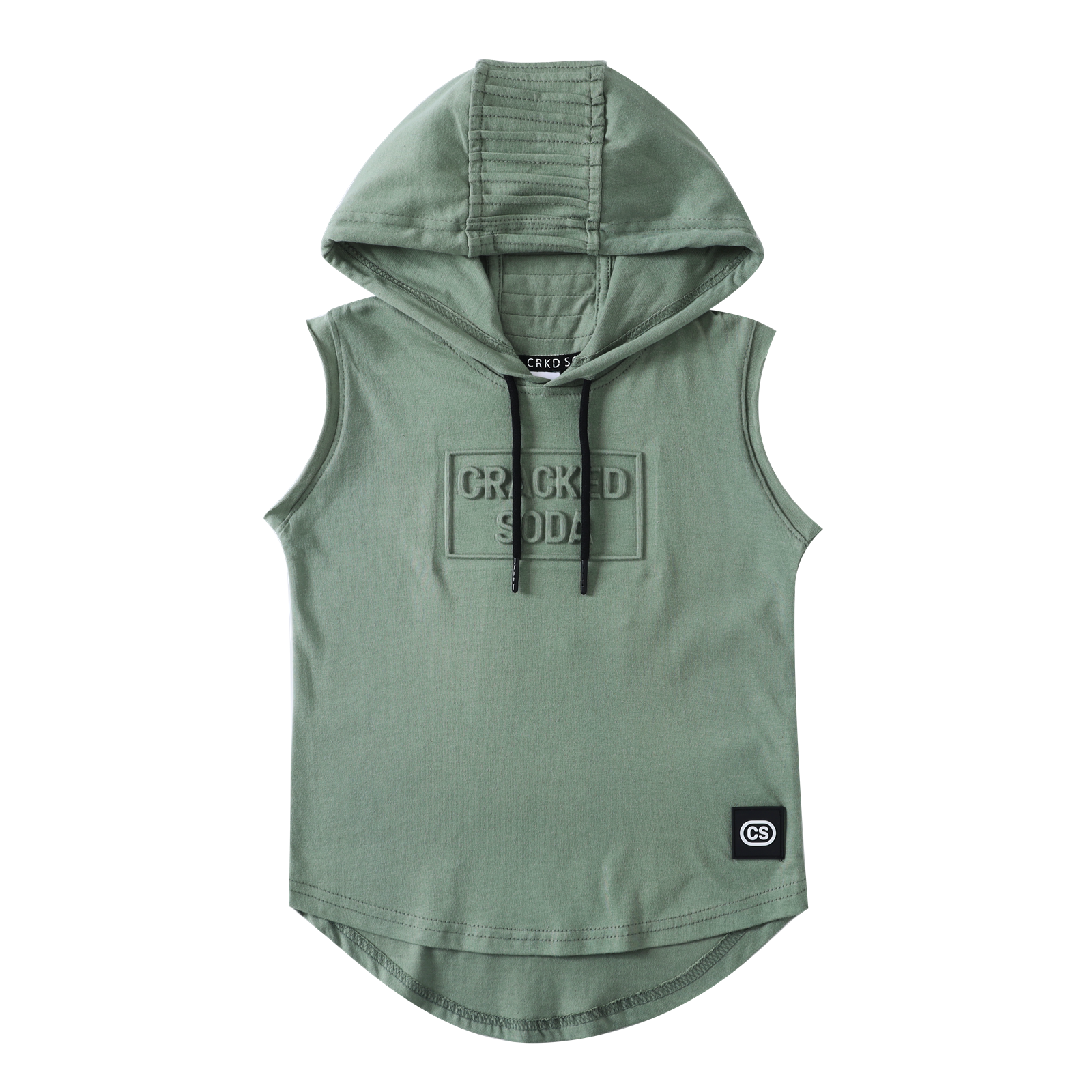 Green sleeveless hoodie with branding on a white background