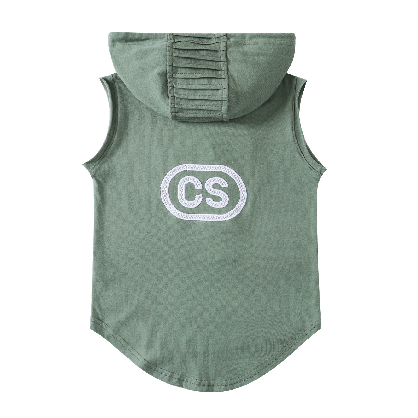 Green sleeveless vest with a hood and 'CS' logo on the back, on a white background
