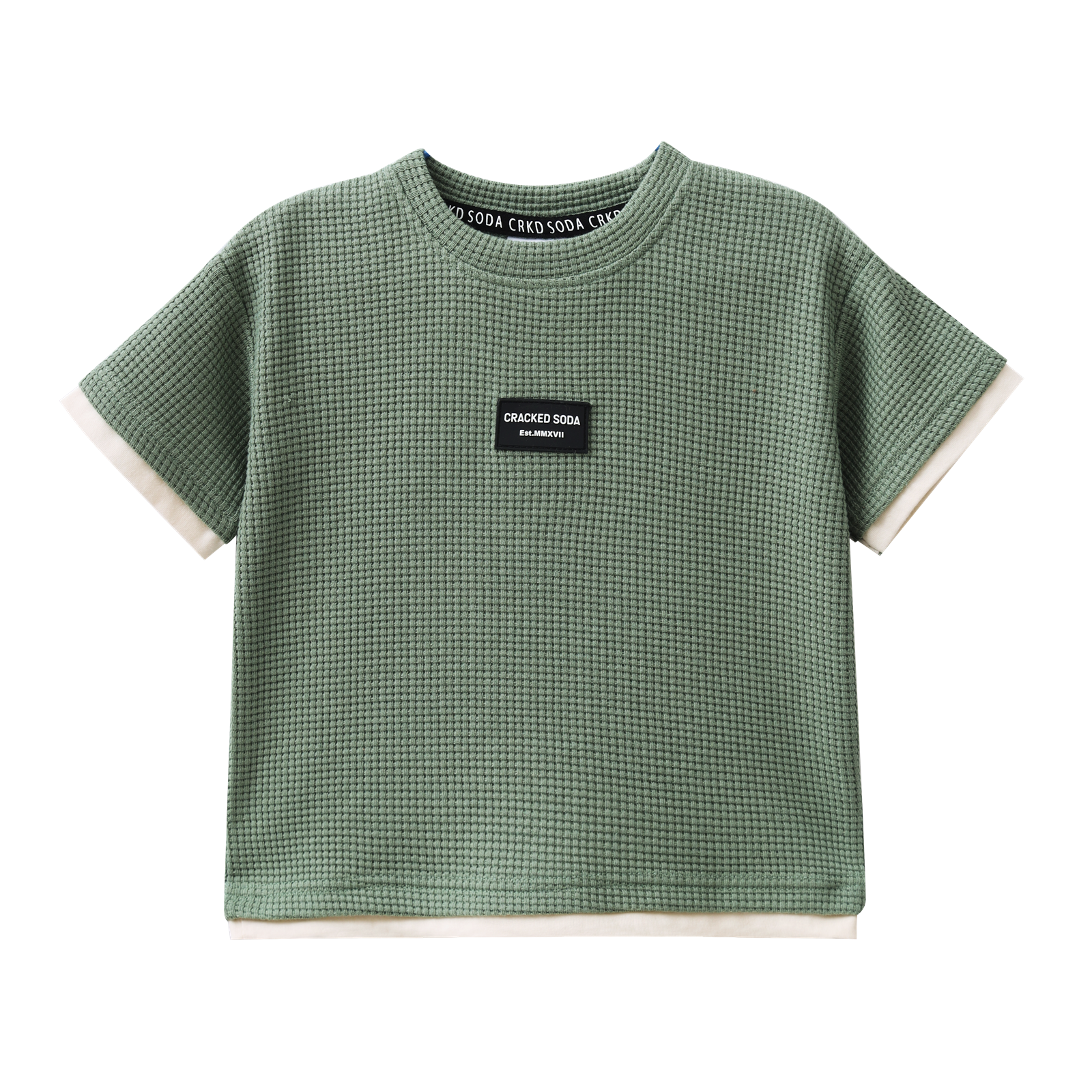 Green checkered t-shirt with a logo on a white background