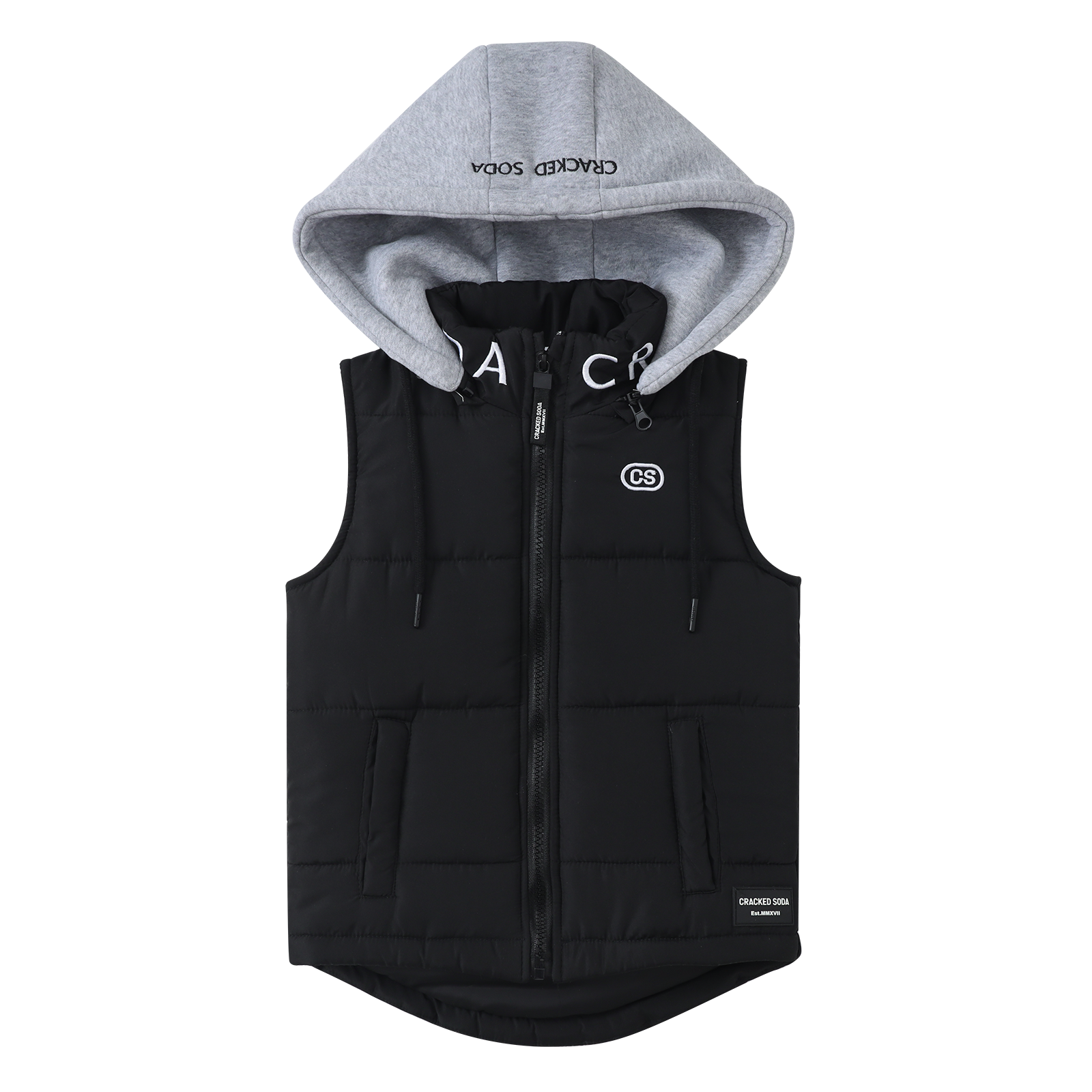 Black puffer vest with gray hood on a white background