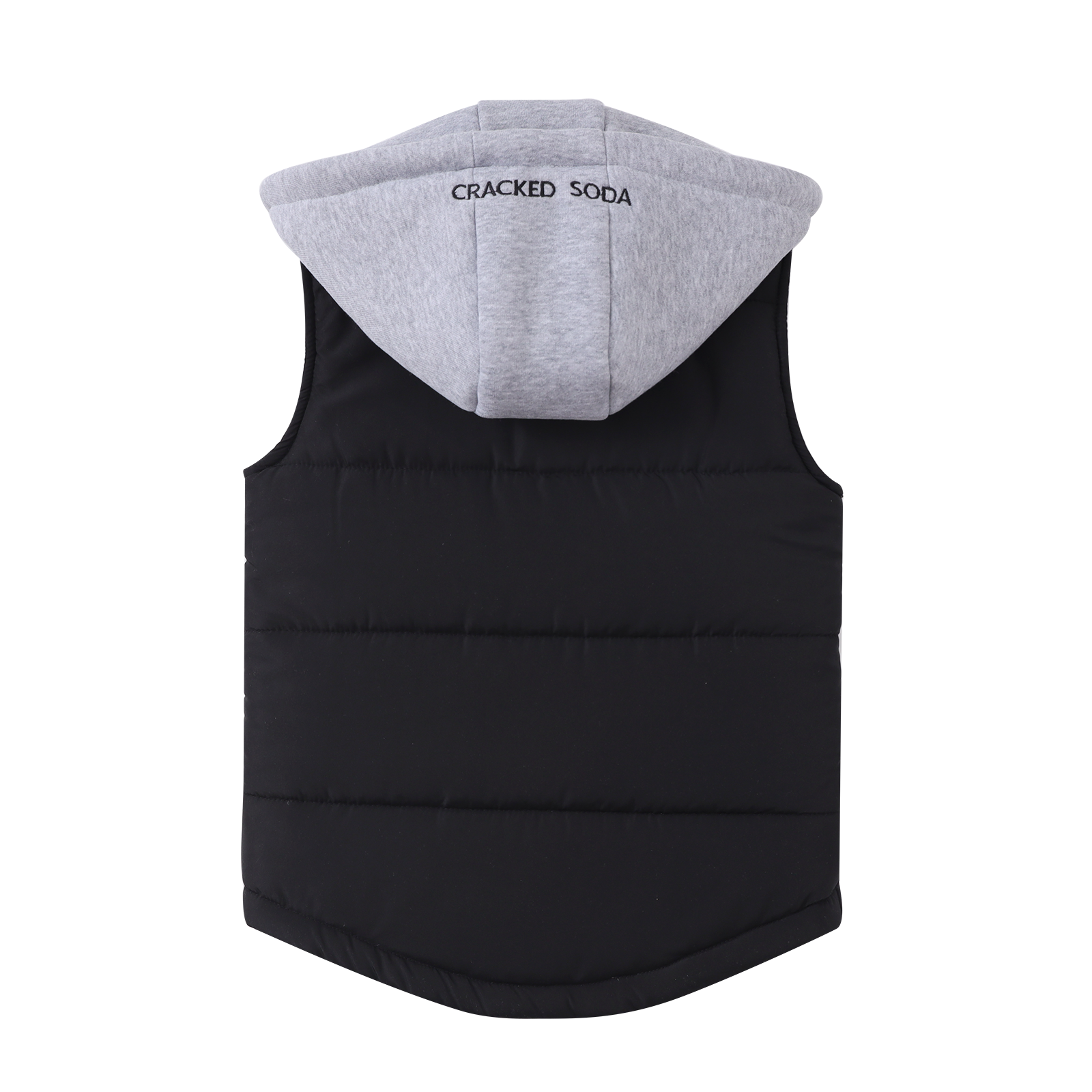 Black puffer vest with gray hood on a white background