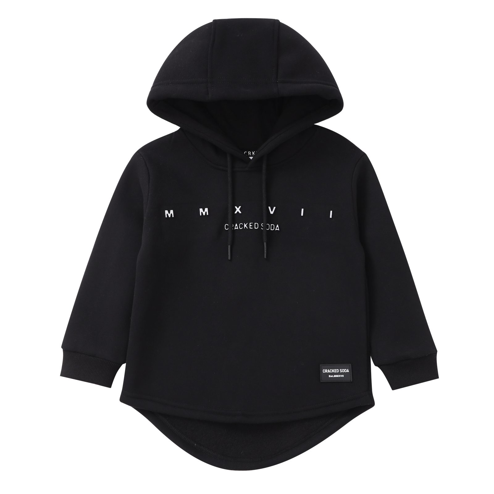 Black hoodie with white text on a white background