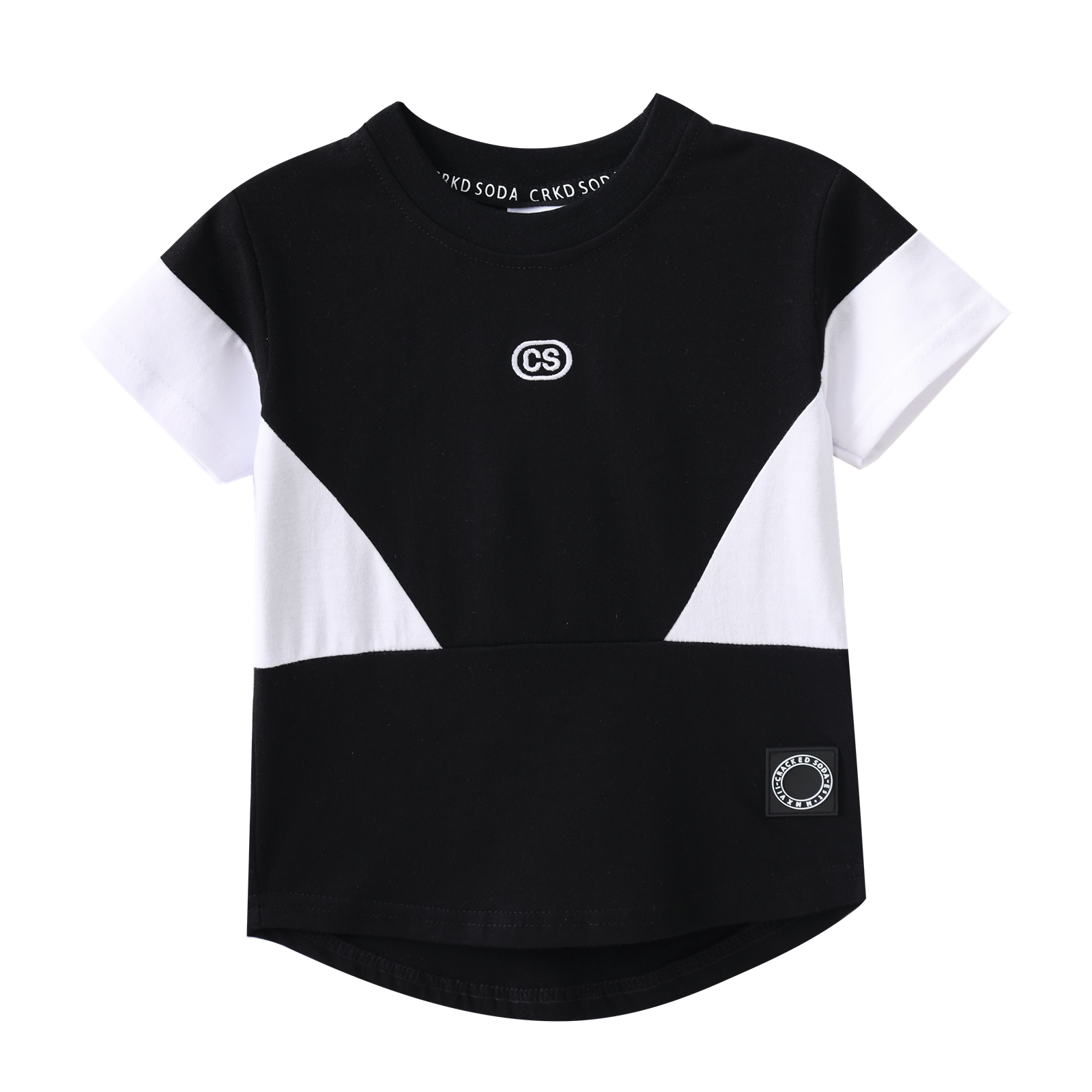 Black and white t-shirt with brand logo on a white background