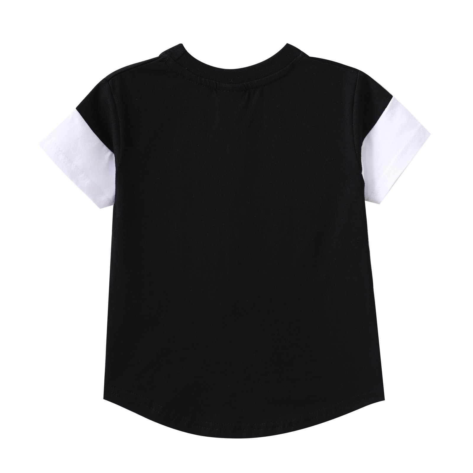 Black t-shirt with white sleeves on a white background