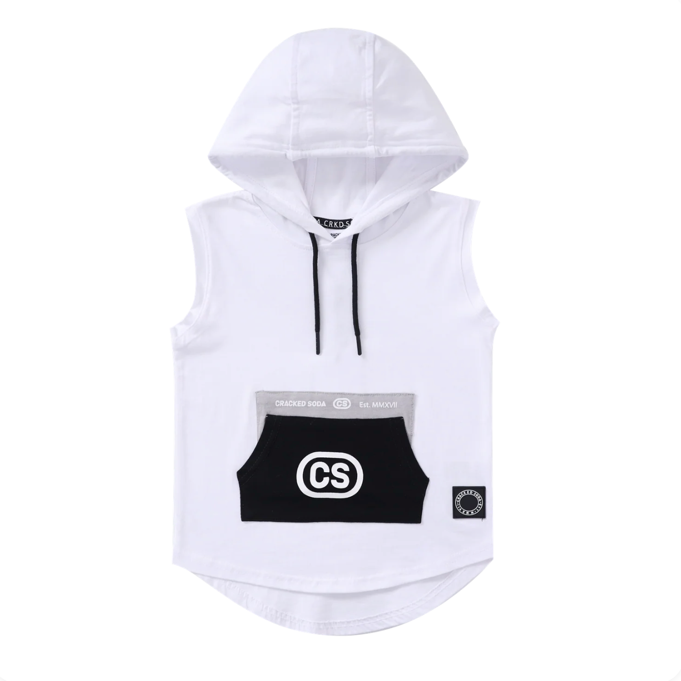 White sleeveless hoodie with black pouch and logo on a white background