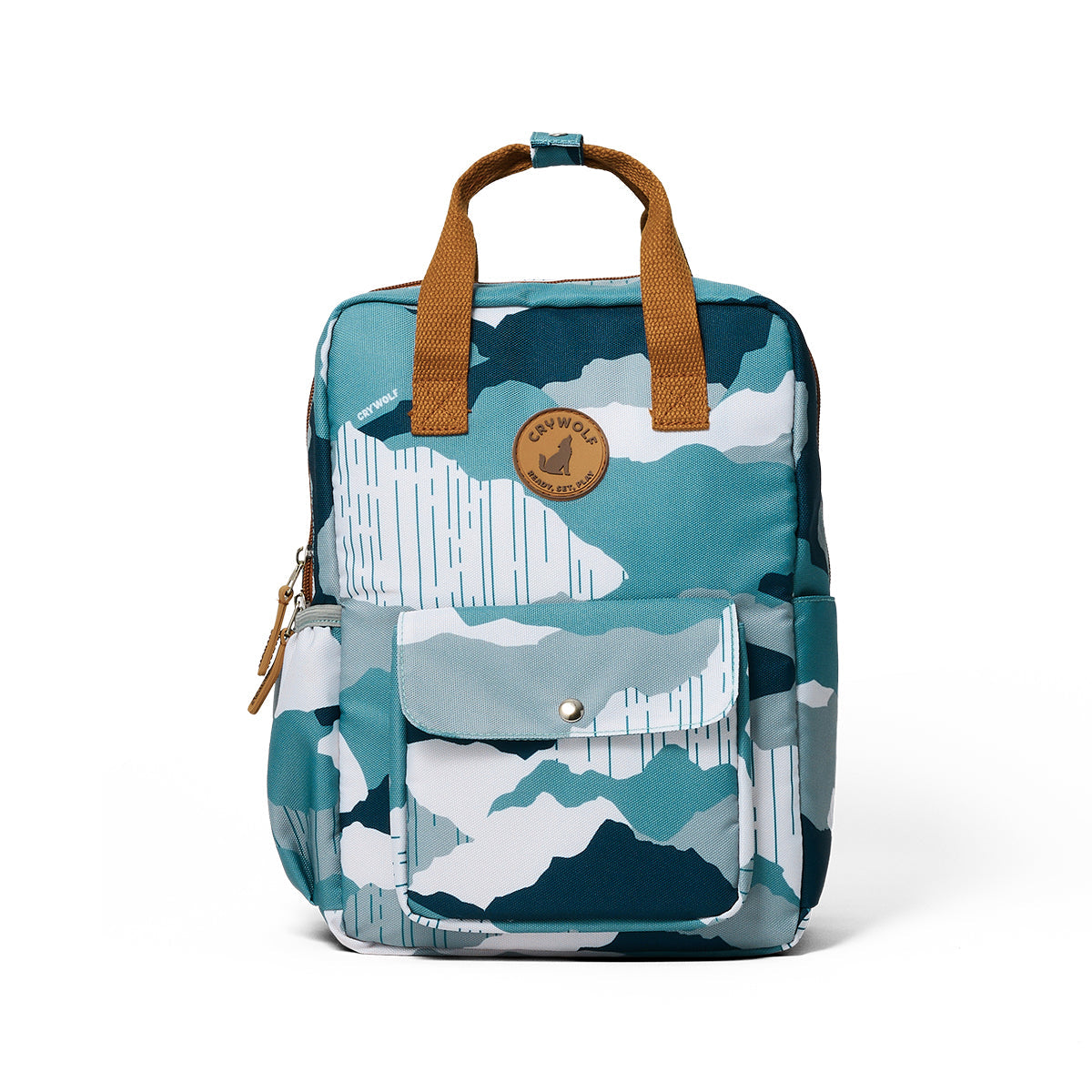 Crywolf backpack with mountain pattern and brown handles on a white background
