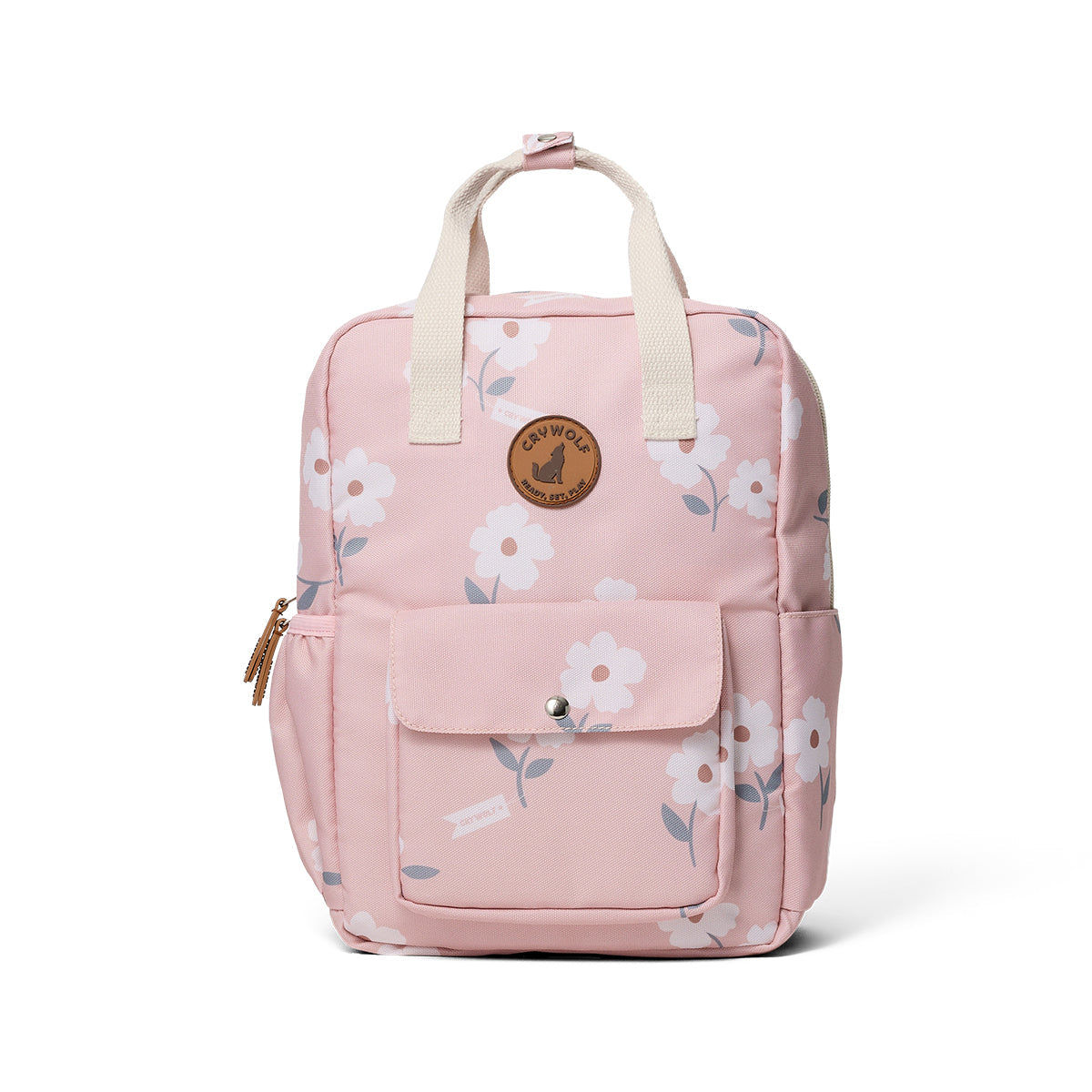 Crywolf Pink floral backpack with a visible brand logo on a white background