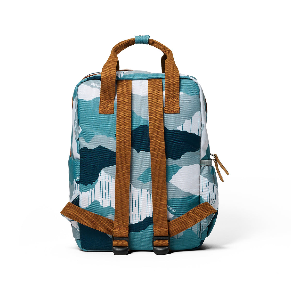 Backpack with camouflage pattern and brown straps on a white background