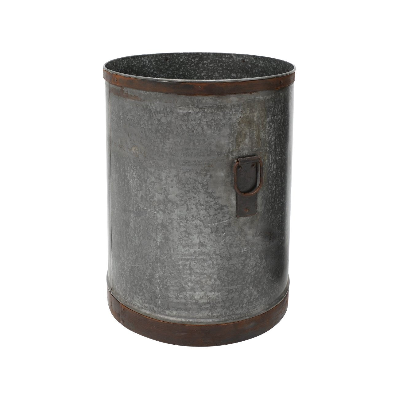 Cylindrical metal trash bin with a handle on a white background