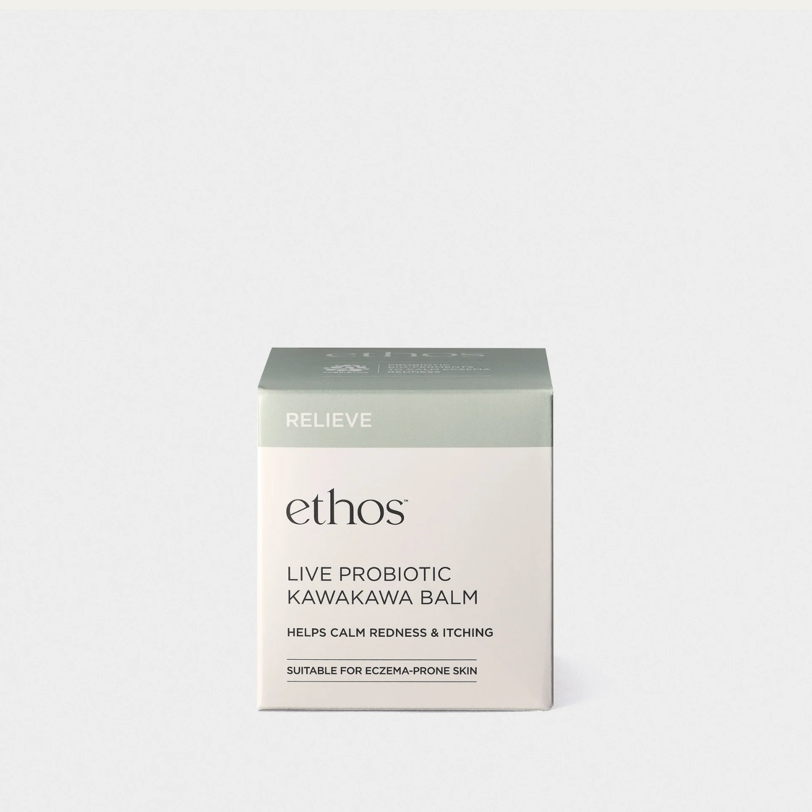Box of ethos Live Probiotic Kawakawa Balm on a white background