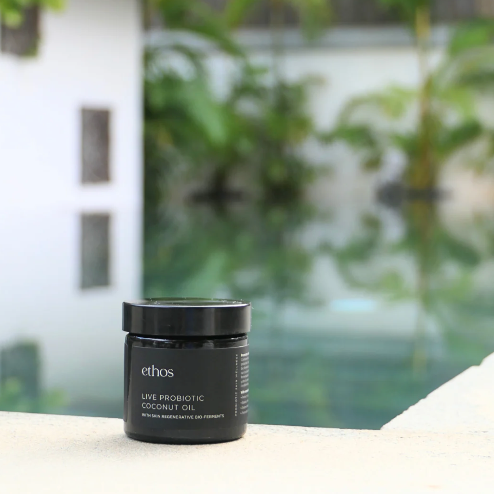 Black jar labeled 'ethos' on a ledge with a blurred natural background