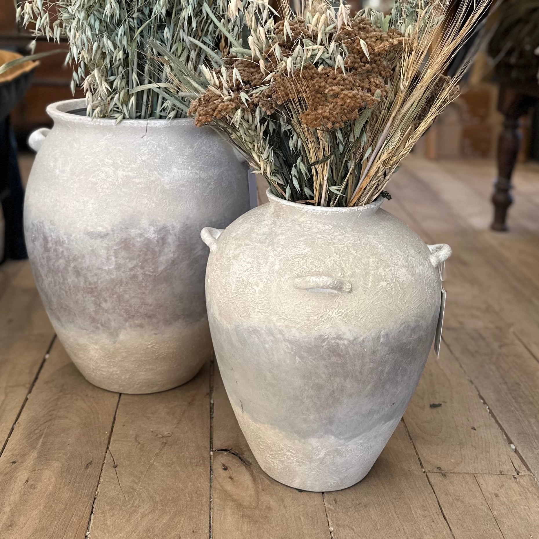 Two rustic stone vases with plants on a wooden floor