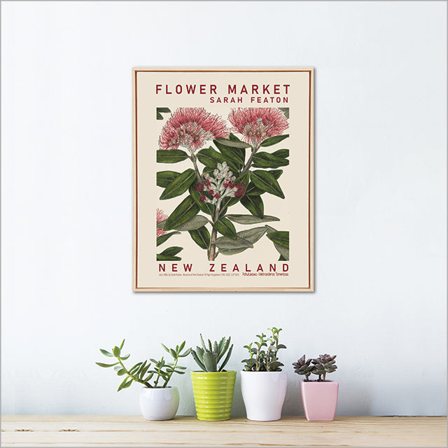 Poster of flowers with 'Flower Market' text on a wall above potted plants.