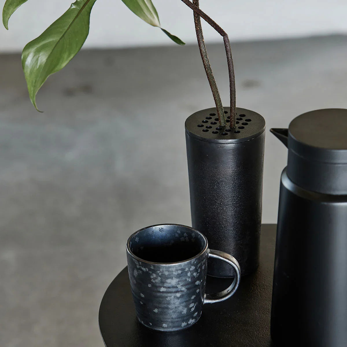 Bronze Brass metal cylinder vase with metal lid and holes for flower stems