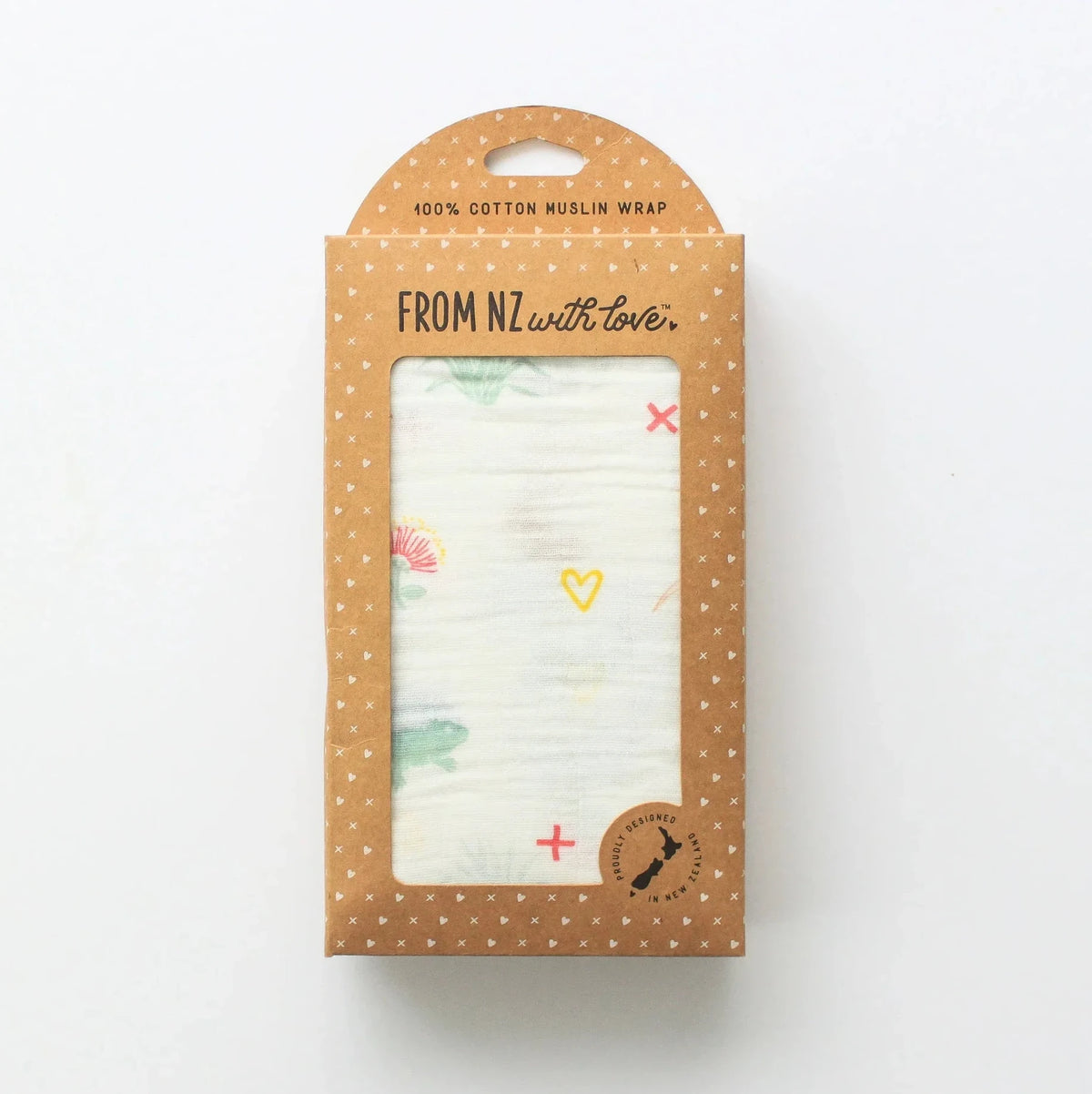 Package of a cotton muslin wrap with cartoon designs on a white background