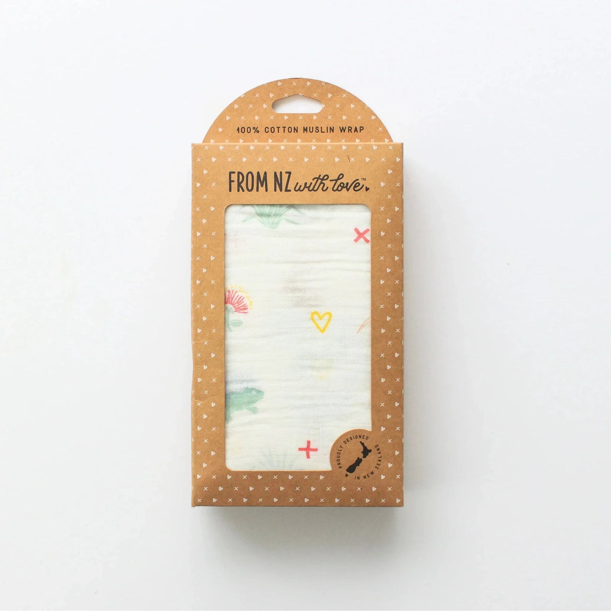 Package of a cotton muslin wrap with cartoon designs on a white background