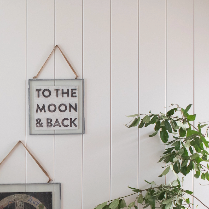 Decorative sign with 'To the Moon & Back' text hanging on a white paneled wall with a plant in the foreground.