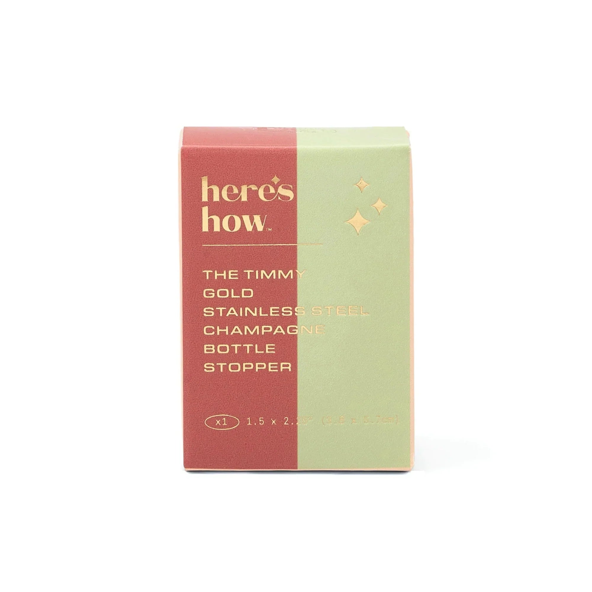 Box of 'here's how' Timmy Gold Stainless Steel Champagne Bottle Stopper on a white background