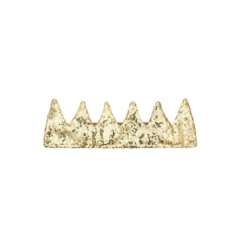 A gold sequined tiara headband with five pointed, crown-like spikes, shown against a plain white background.