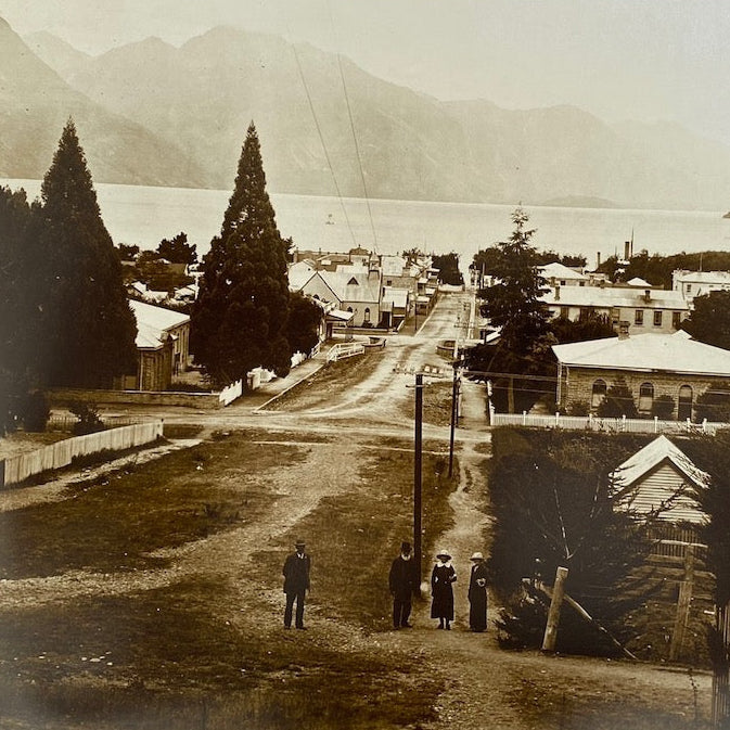 Vintage photograph of Queenstown looking down Ballarat Street towards Lake Whakatipu