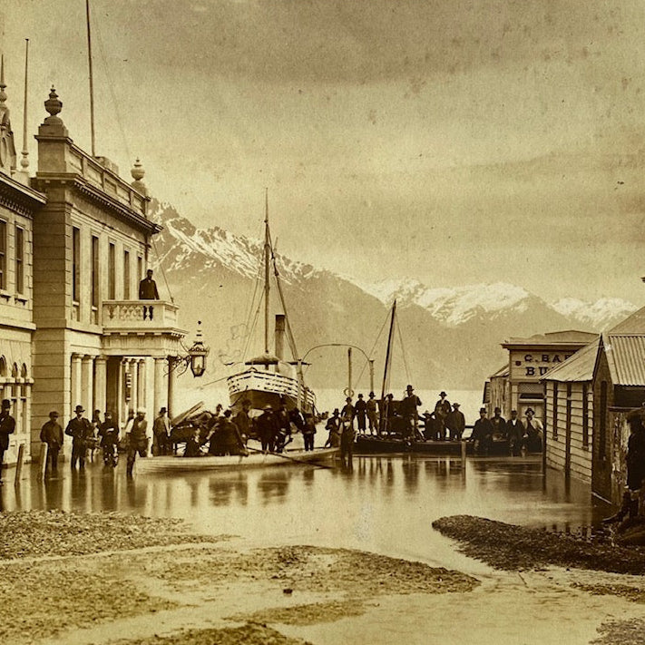 Vintage black and white photograph of the Eichardt's Hotel in flood, possibly from the late 19th or early 20th century.
