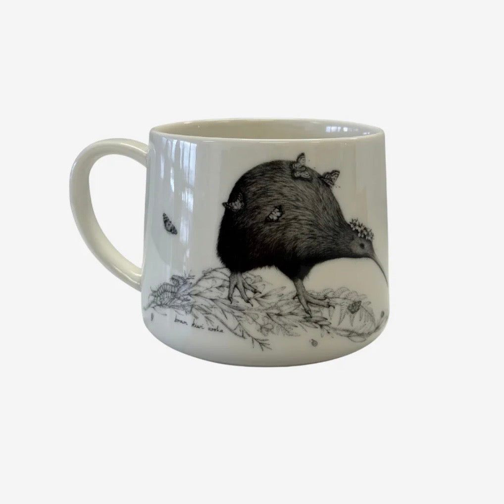 White mug with black and white illustration of a Brown Kiwi on a white background