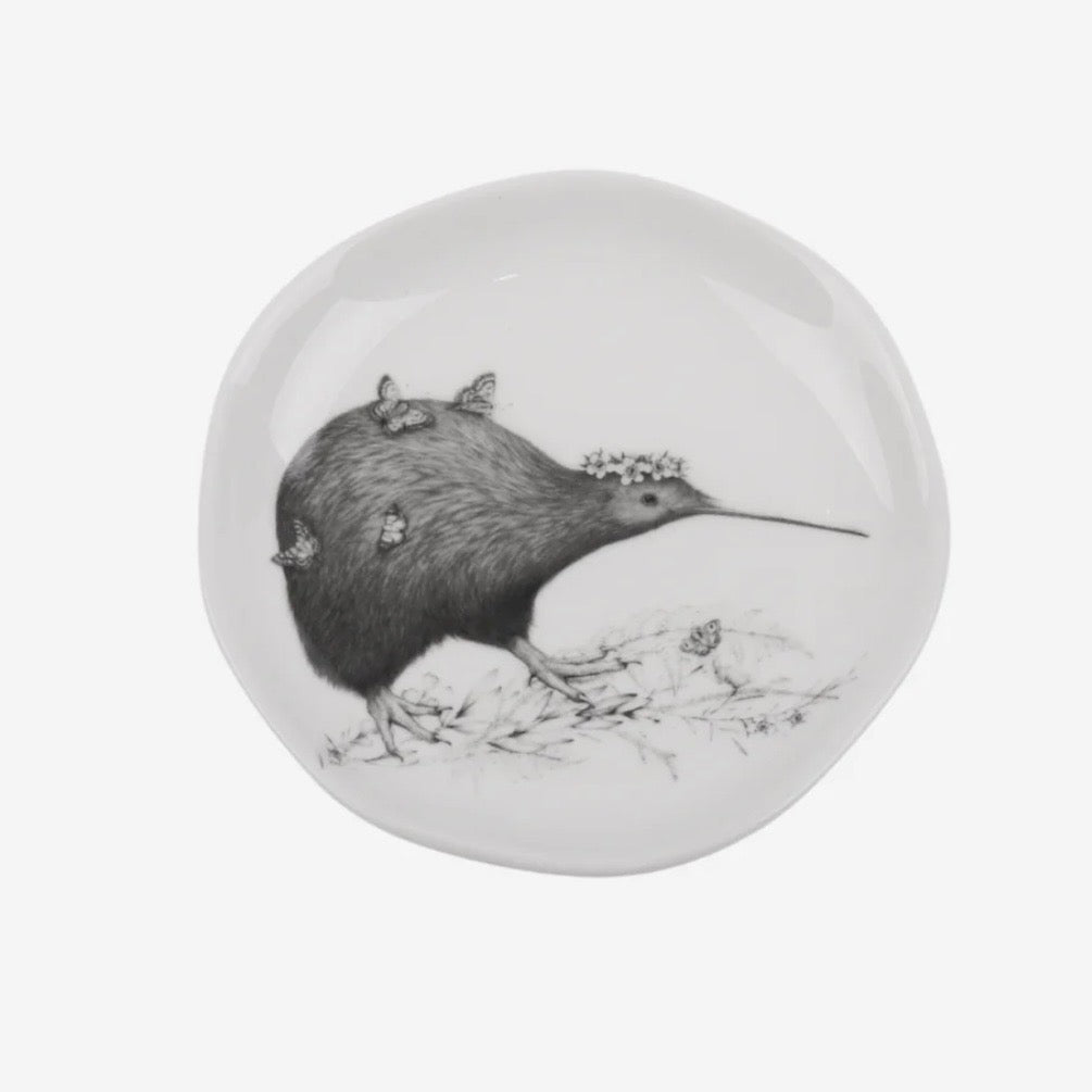 Round white ceramic plate with black and white illustration of a Brown Kiwi on a white background