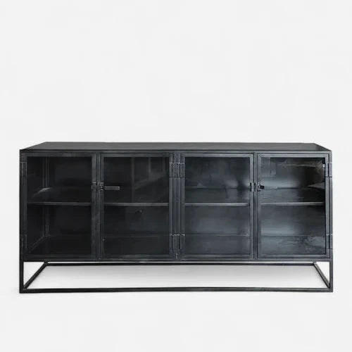 Black metal cabinet with glass doors on a white background