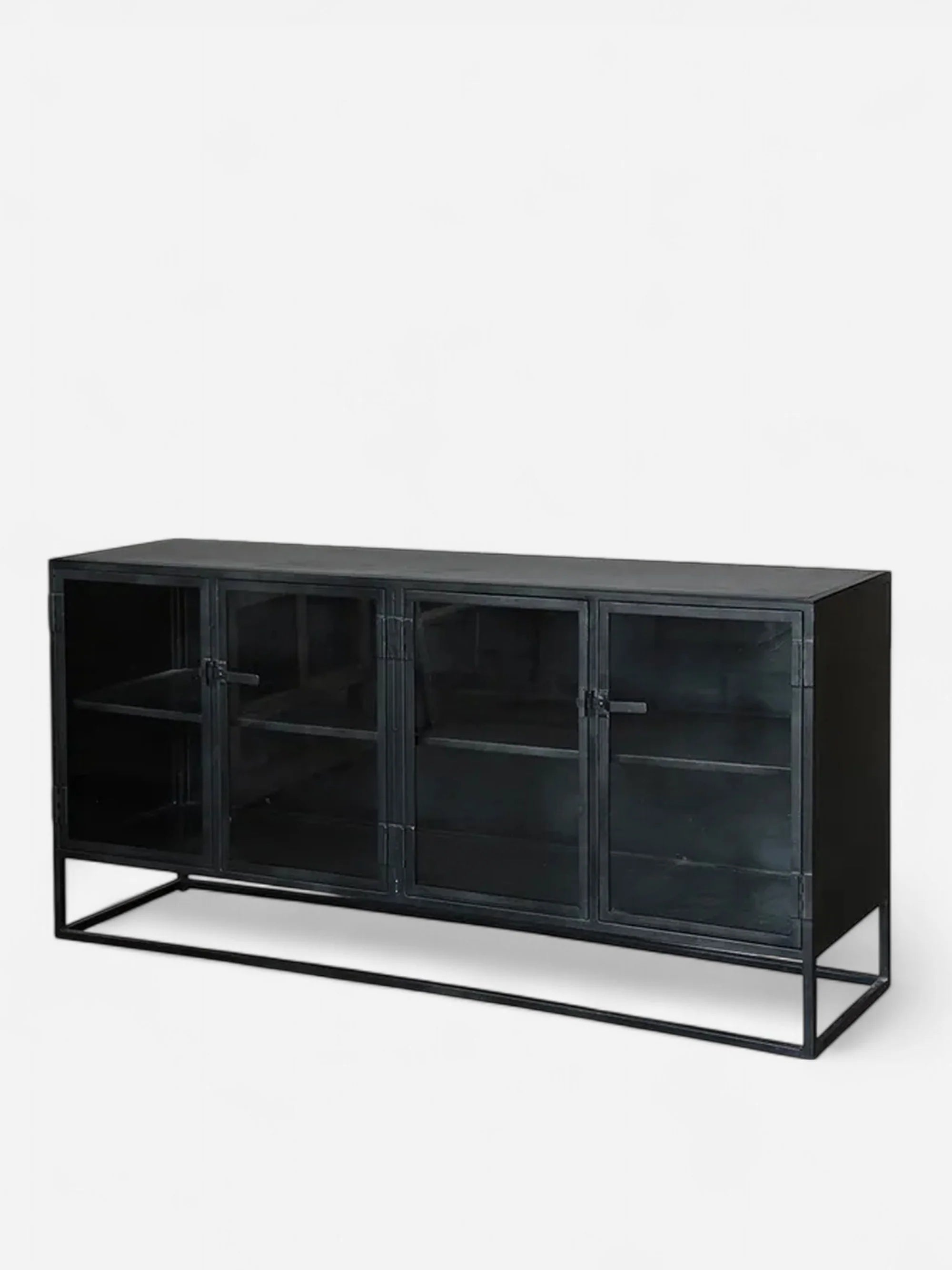 Black metal cabinet with glass doors on a white background