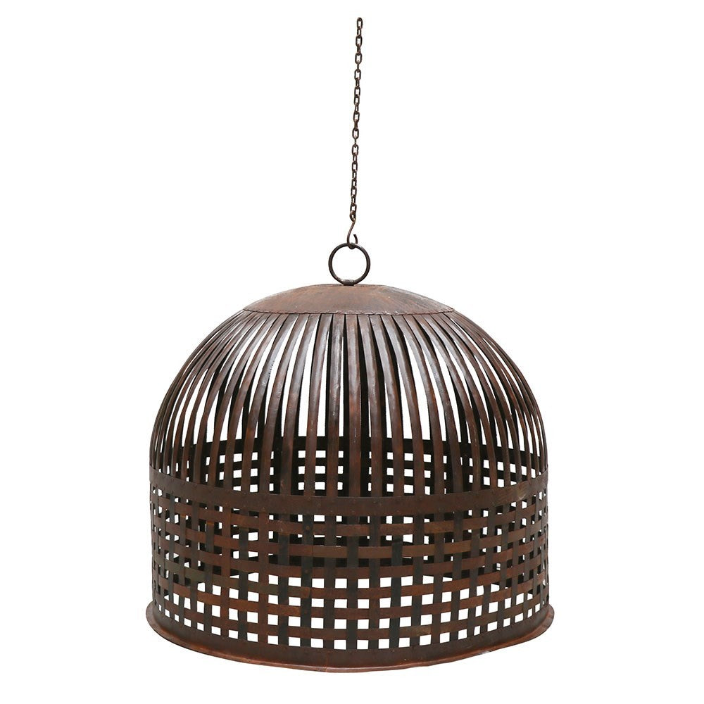 Woven brown pendant light on a white background