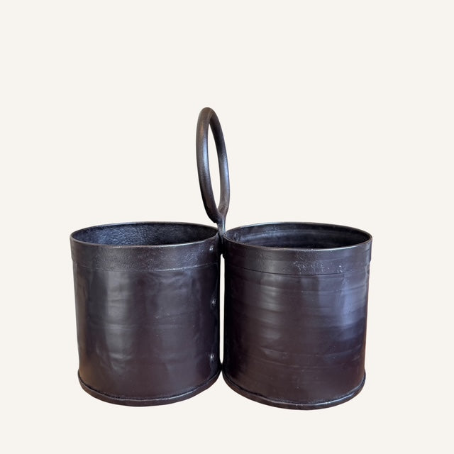 Double dark iron metal cylindrical planters or utensil holder with a single integrated oval handle