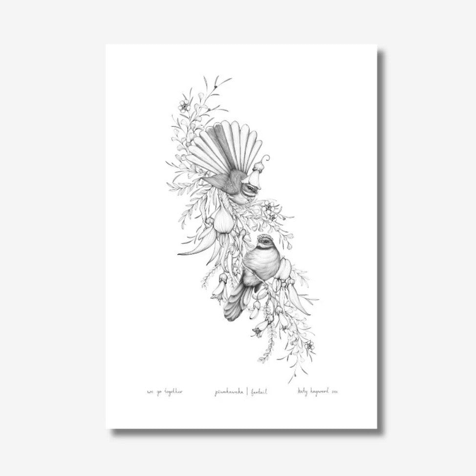 Black and white illustration of birds and foliage on a white background