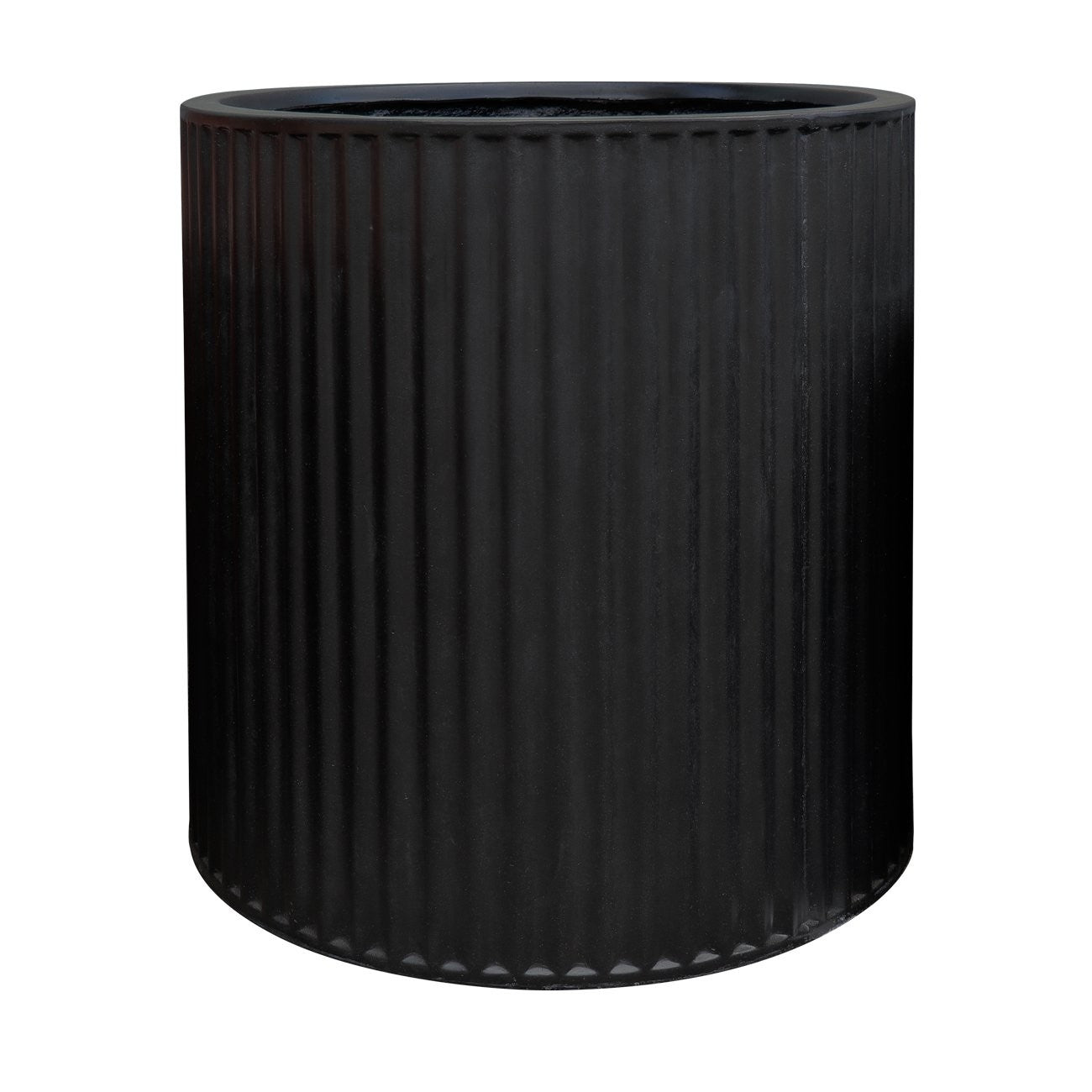 Black ribbed cylindrical planter on a white background